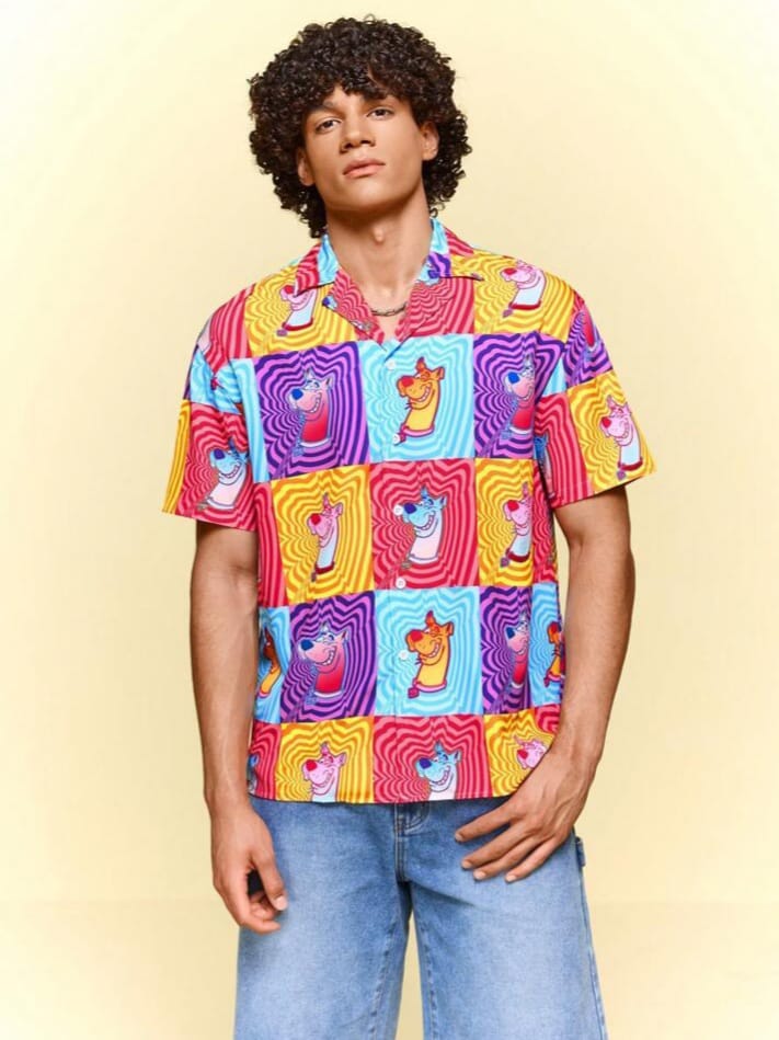 SWAVVY SCOOBY-DOO Plaid & Cartoon Pattern Short Sleeve Men's Shirt